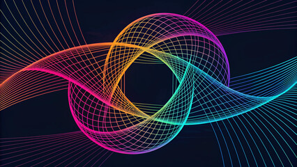 Abstract design with intertwined geometric lines, black background with colorful neons, AI