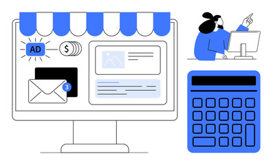 Computer monitor displaying online advertising, email notifications, and e-commerce tools, alongside a digital calculator. Ideal for marketing, budgeting, analytics, e-commerce, management digital