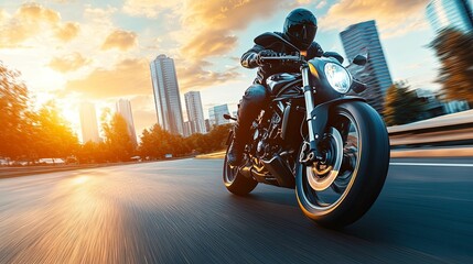 A motorcycle rider speeds through a city at sunset.