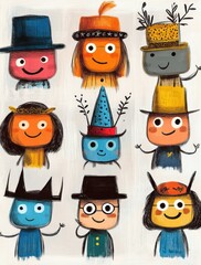 Whimsical Cartoon Male Avatars with Distinctive Hats and Accessories