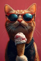 Cat with Sunglasses Enjoying Ice Cream Cone on Pink Background