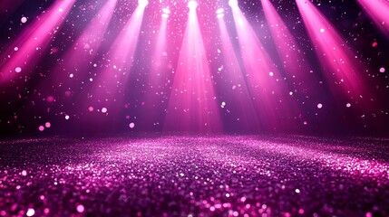 A glamorous pink glitter stage lit by spotlights, filled with confetti.