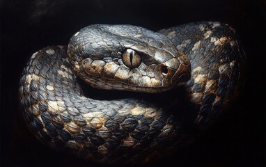 Fototapeta premium Hyper-Realistic Painting of Coiled Rattlesnake with Dark Scales Illuminated on Black Background
