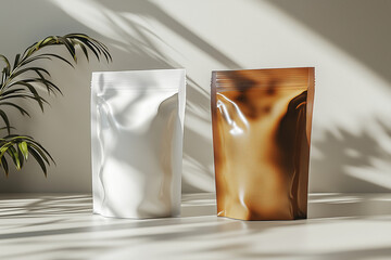 Minimalist packaging pouch mockup in white and kraft colors is shown with a focus on simplicity. AI generated