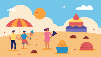 Ice Cream Sandcastles An engaging beach scene where families build imaginative sandcastles made of cookie crumbles and ice cream scoop towers. Vibrant kites shaped like various