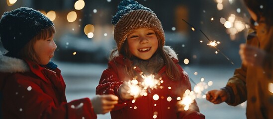 Children playing with sparklers in snowy night