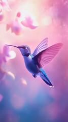 Naklejka premium A colorful hummingbird captured mid-hover, its wings flapping in a blur of motion. The bird features iridescent feathers and realistic lighting that highlights its delicate form
