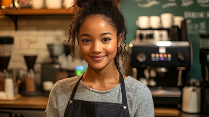 A young woman barista smiles warmly in a busy coffee shop.