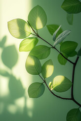 Obraz premium Bright green leaves casting distinct shadows on a vertical textured green background. Generated AI