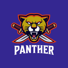 fierce blue panther head logo with open mouth showing sharp white teeth and red tongue, modern gaming style - AF