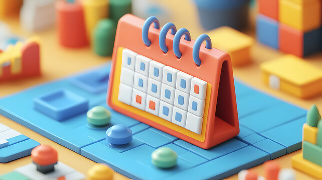 Modern Toy Calendar with Geometric Shapes in Red and Blue on Yellow Background