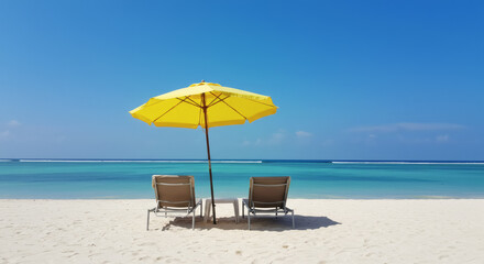 Two beach chairs under a bright yellow umbrella on white sand, facing a calm turquoise ocean under a clear blue sky.