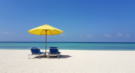 Fototapeta premium Two beach chairs under a bright yellow umbrella on white sand, facing a calm turquoise ocean under a clear blue sky.