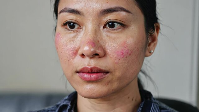 Portrait of a young adult female with redness and inflammation on her face, showing skin condition or irritation, close-up.