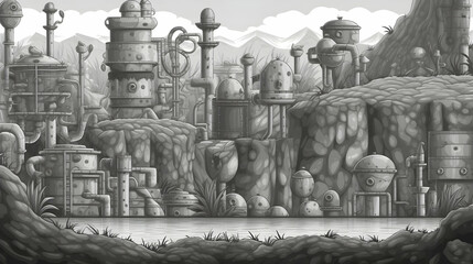 Monochrome Pixel Art Landscape of Industrial Cityscape with Mountains Under Grayscale Sky and Calm Water