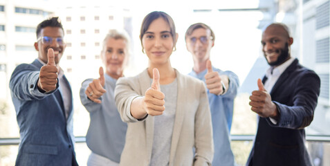 Business people, portrait and thumbs up for winning, good job or team success together at office. Group, happy employee or workers with approval emoji with smile for yes sign or like in agreement