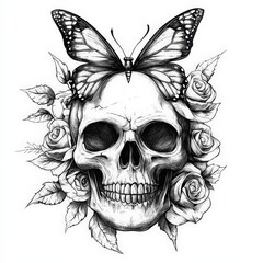 Skull Adorned With Roses and a Butterfly in Bold Black and White Line Art Style