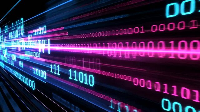 Digital data streams in pink and blue with binary code forming patterns on a dark background