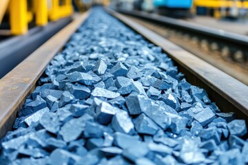 Blue-gray crushed stones on a conveyor belt, industrial process.