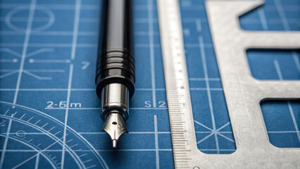 Blueprints and documentation are essential for precise design, showcasing fountain pen and ruler on technical drawing background