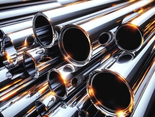 Naklejka premium Reflective Metallic Pipes Tubes in Various Diameters for Industrial Design Background