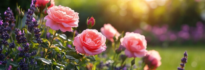Summer Garden with Pink Roses and Purple Lavender in Warm Sunlight