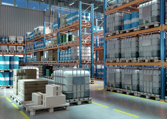 Industrial warehouse with stacked pallets holding IBC containers, barrels, and boxes. Scene relates to storage, logistics, and supply chain management.