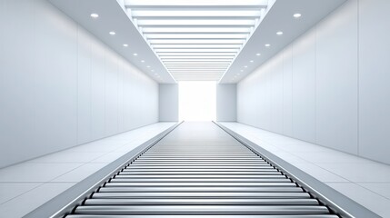 Obraz premium Empty white futuristic hallway, with a conveyor belt, bright light at the end.