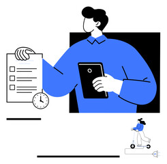 Person holding checklist and tablet with clock emphasizes time management. Another rides an electric scooter showcasing urban commuting efficiency. Ideal for productivity, multitasking, organization