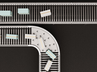 Conveyor belt system with parcels moving along curved and straight sections. Scene relates to...