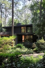 Modern architectural design blends seamlessly into a lush wooded landscape, showcasing large windows and natural materials in a tranquil forest setting
