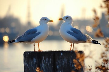 Obraz premium Seagulls at a Harbor Stump with Maritime Background