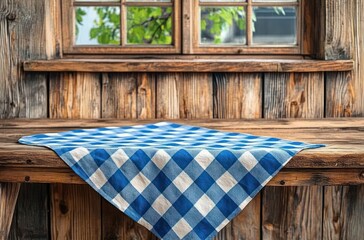 Rustic Wooden Table with Blue and White Checkered Cloth Warm Natural Lighting Close Up