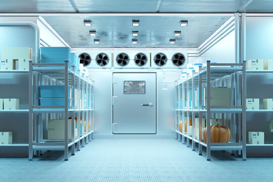 Organized cold storage room with shelves of boxes, crates, and pumpkins, featuring overhead cooling fans. Scene relates to food logistics, storage, and temperature control.