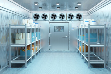 Industrial cold storage room with metal shelving, pumpkins, and organized food crates, ideal for...