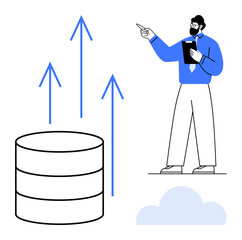 Businessperson gesturing towards database and upward growth arrows, symbolizing data analytics, cloud storage, and performance improvement. Ideal for data management, technology, presentations
