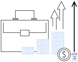 Briefcase, stacks of coins, upward arrows indicating growth, and a coin with a dollar sign. Ideal for business, finance, economic growth, investment success, and financial strategy. Simplistic