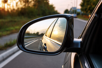 Reflection of sunset in car side mirror during evening drive on a serene road