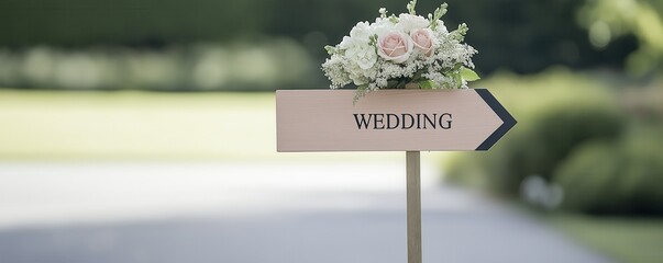 Wedding announcement with a sign and floral arrangement in a natural setting.