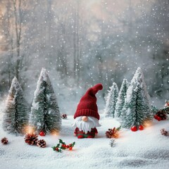 Winter Wonderland Gnome Scene Christmas Postcard Vintage Snowy Landscape