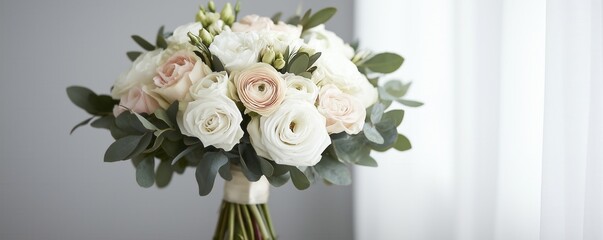 Obraz premium Elegant bridal bouquet featuring white ranunculus, soft blush roses, and silvery eucalyptus leaves wrapped with a simple white ribbon for a timeless, natural aesthetic.