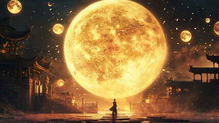 Lone figure, giant moon, Asian temple, night sky, fantasy art, poster