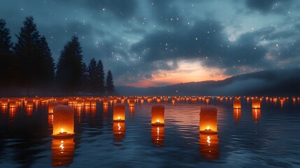 there are many lanterns floating in the water at night
