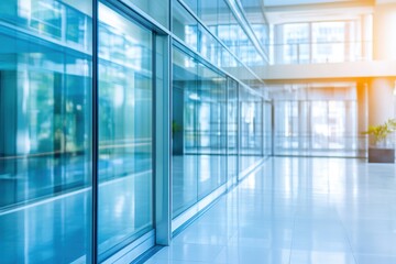 A large glass wall features a central plant within a modern building setting.