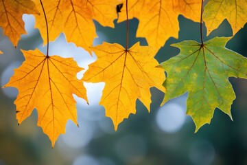 Obraz premium Sunlit yellow and green leaves dangle from a branch, creating a vibrant natural scene.