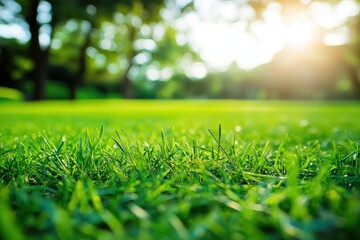 Naklejka premium A sunlit grassy field with trees creating a serene natural scene.