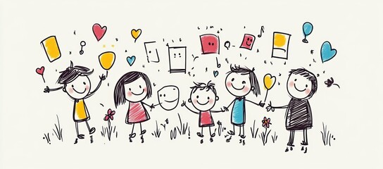 Mother's Day Celebration Family Cartoon Illustration with Parents and Children Sharing Gifts and Love