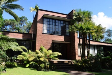 Fototapeta premium A contemporary brick house nestled amidst vibrant greenery in a peaceful setting, all illuminated by a radiant blue sky during the day
