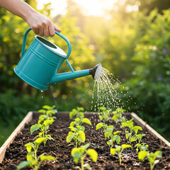 A person's hand holds a teal watering can, pouring water onto young plants growing in a raised garden bed.