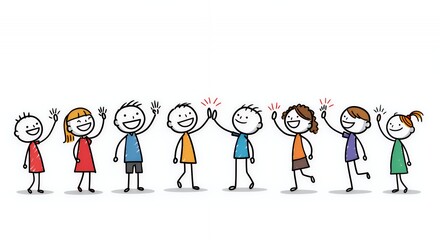 Colorful Stick Figures High-Five Contest on White Background